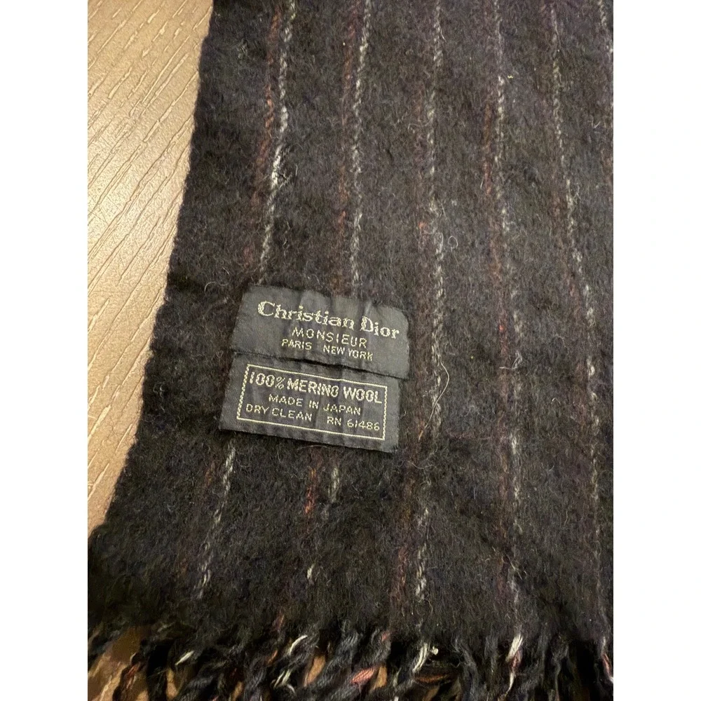 Christian Dior Monsieur 100% Merino Wool Scarf Black Pinstripe Fringe Japan